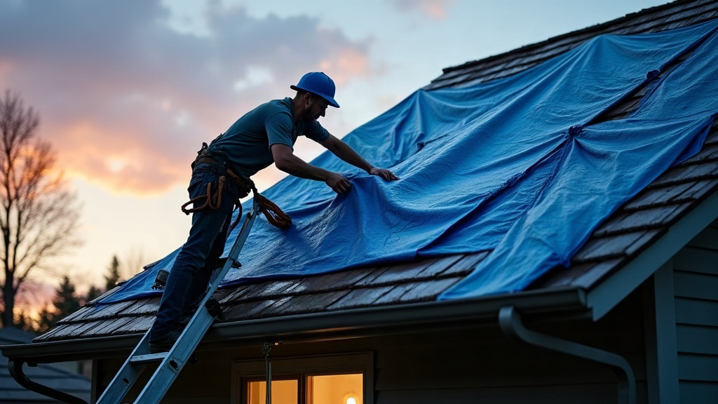 Roofer securing an emergency tarp over storm-damaged roof decking in Raleigh, NC at dusk