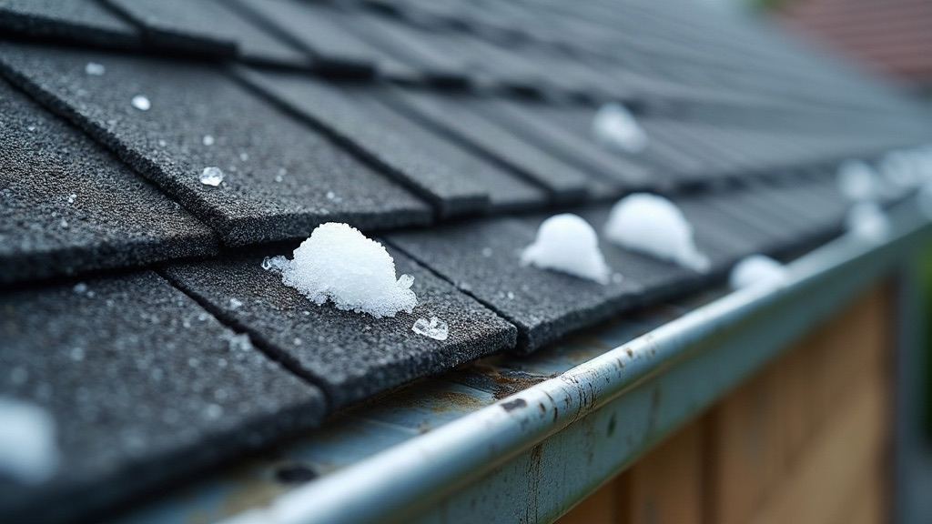 Close inspection of hail-bruised shingles on a home in Fuquay-Varina, NC
