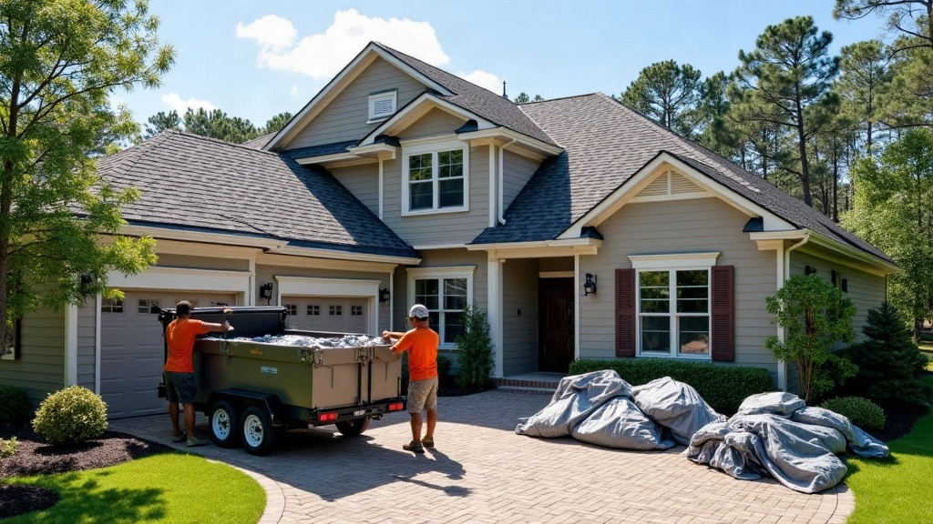 Roofing crew tearing off old shingles on a two-story suburban home in Wake County, NC