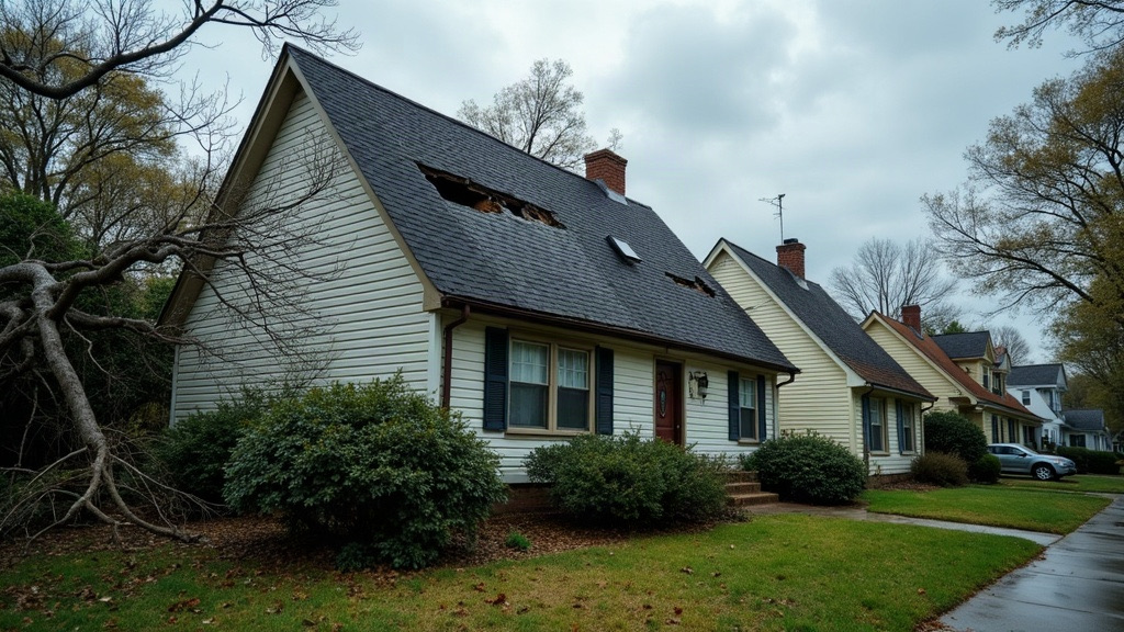 Roofer inspecting wind-lifted shingles on a ranch home in Garner, NC after a storm